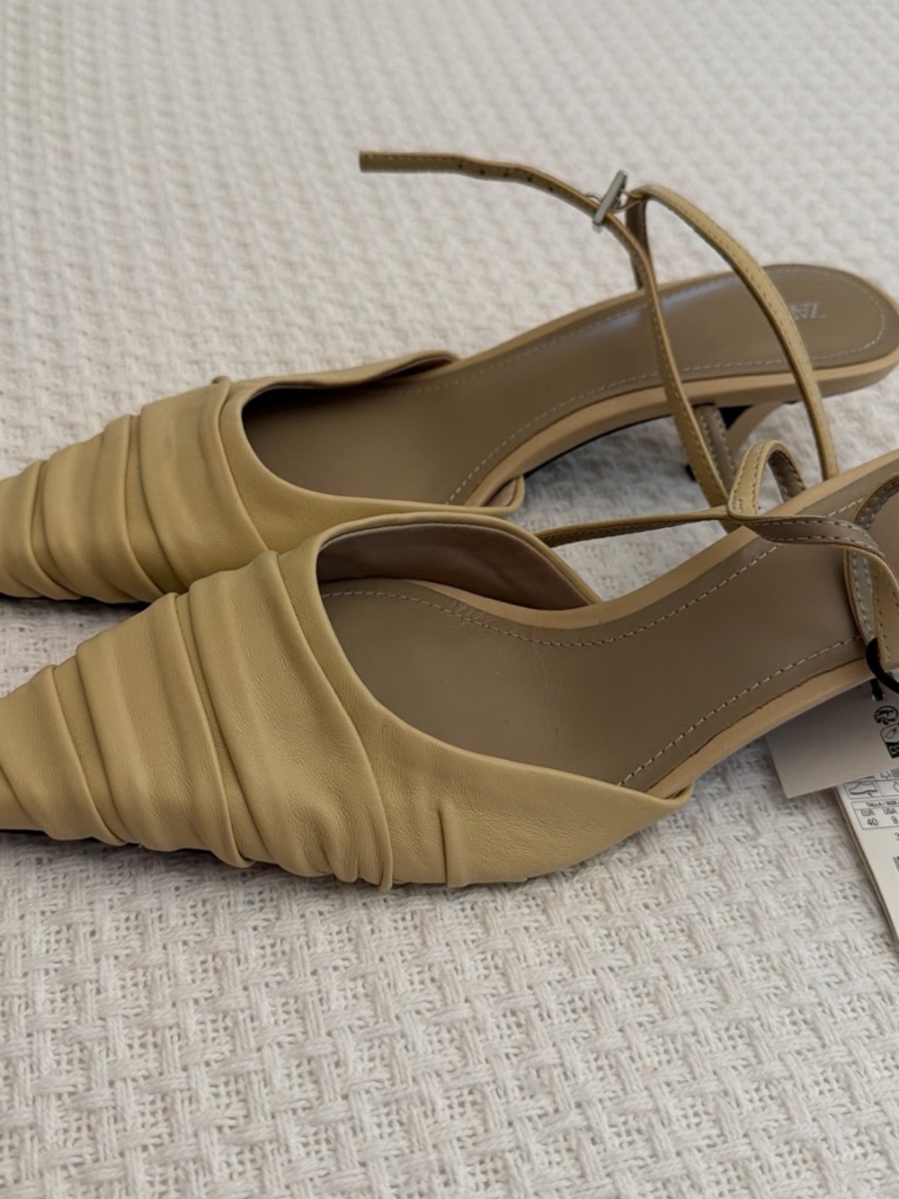 Zara Ruched Pointed-Toe Slingback Heels in Beige